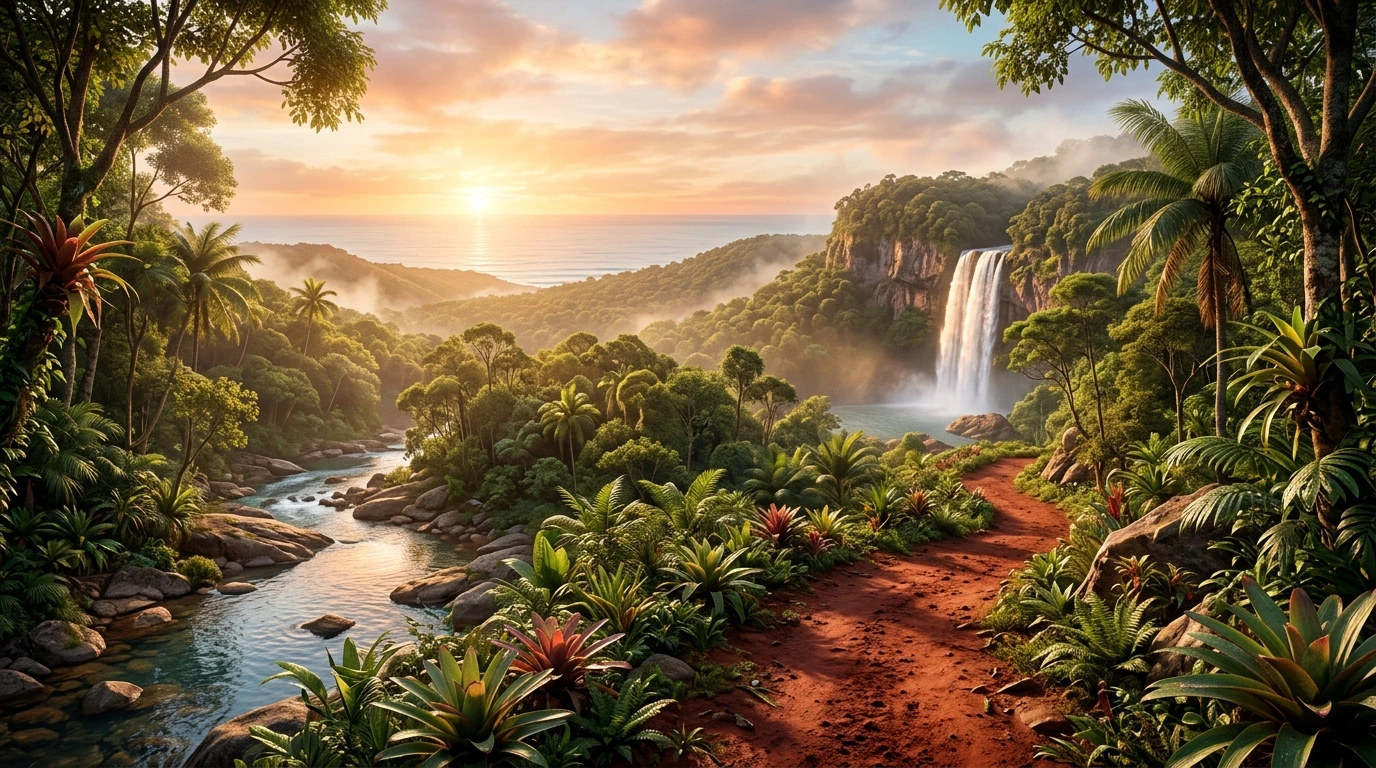 Paisagem com água, mata, mar e caminhos.