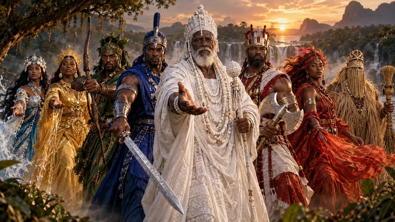 Oito Orixás reunidos diante de uma paisagem ao pôr do sol.